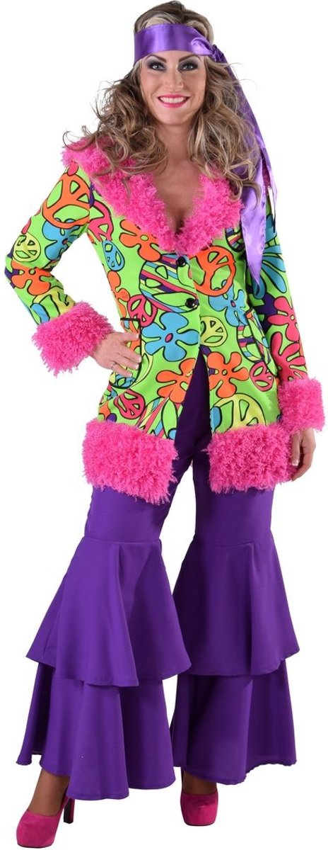 Hippie Kostuum | Roze Flamingo Bont Bloemen Mantel | Vrouw | XXL | Carnaval kostuum | Verkleedkleding